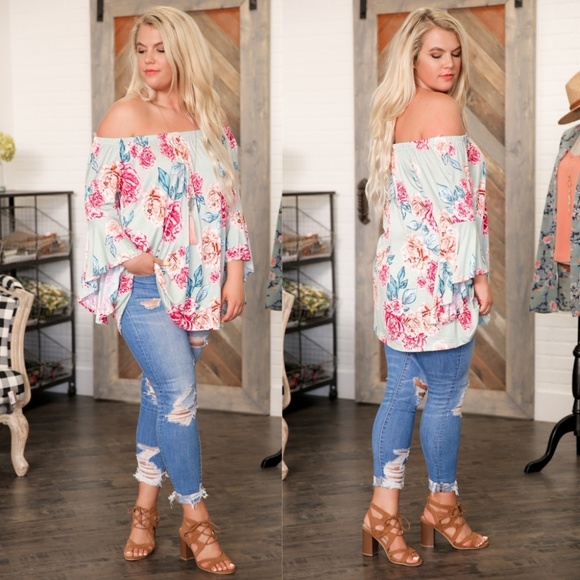 PLUS Mint Off Shoulder Floral Bell Sleeve Tunic - Picture 2 of 3